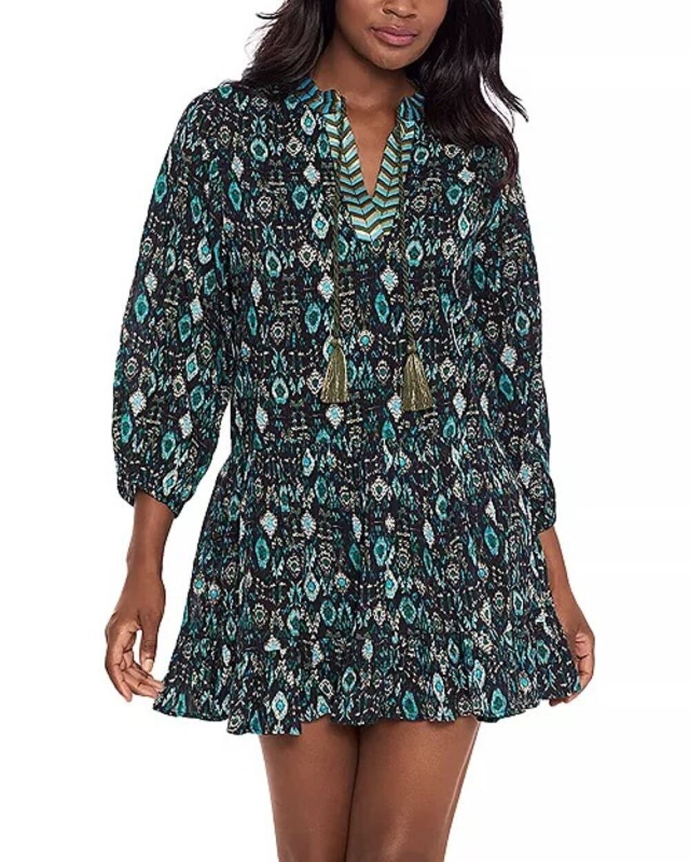 Miraclesuit Bijous Beach Printed Coverup eal Black Metallic dress Size M